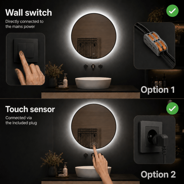 Badkamerspiegel Ilona , met zwarte omlijsting wall switch