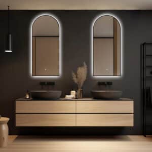 Badkamerspiegel Marrakech 45×100, met zwarte lijst, donkere badkamer 2 spiegels naast elkaar