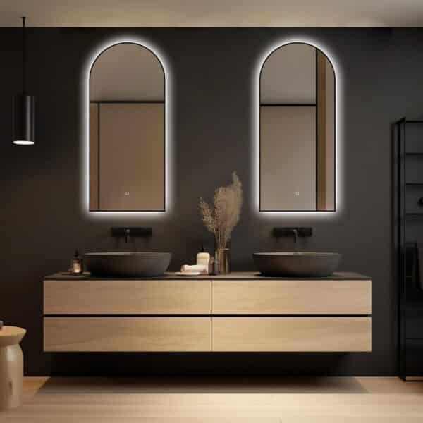 Badkamerspiegel Marrakech 45×100, met zwarte lijst, donkere badkamer 2 spiegels naast elkaar