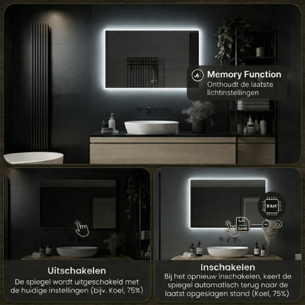 Vierkante Badkamerspiegel met lichtgeheugen