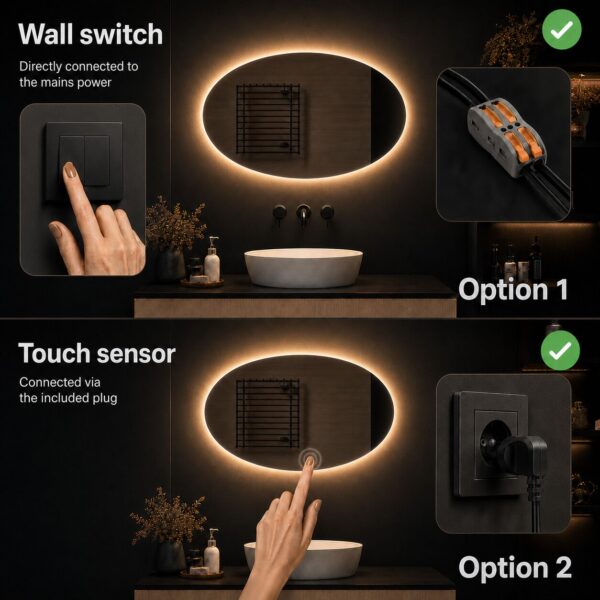 Badkamerspiegel Rondo via schakelaar of sensor te bedienen