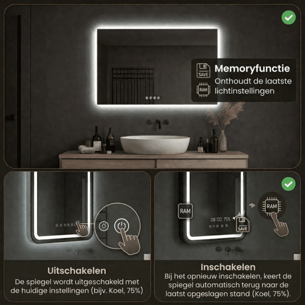 Badkmamerspiegel Lorina met lichtgeheugen