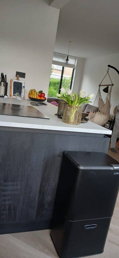 Prullenbak Vanessa 60L – 3 Compartimenten met Geurfilter impressie met donkere keuken (3)