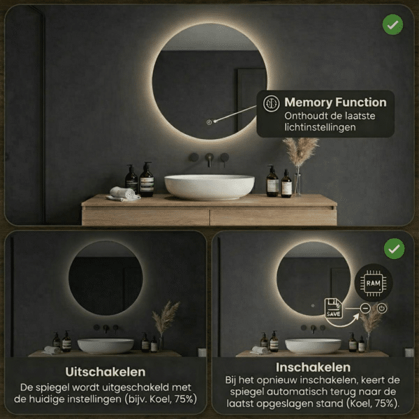 Ronde badkamerspiegel met lichtgeheugen