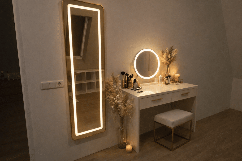 Passpiegel Ilumina goud, ophangen met beugels sfeer 1.3