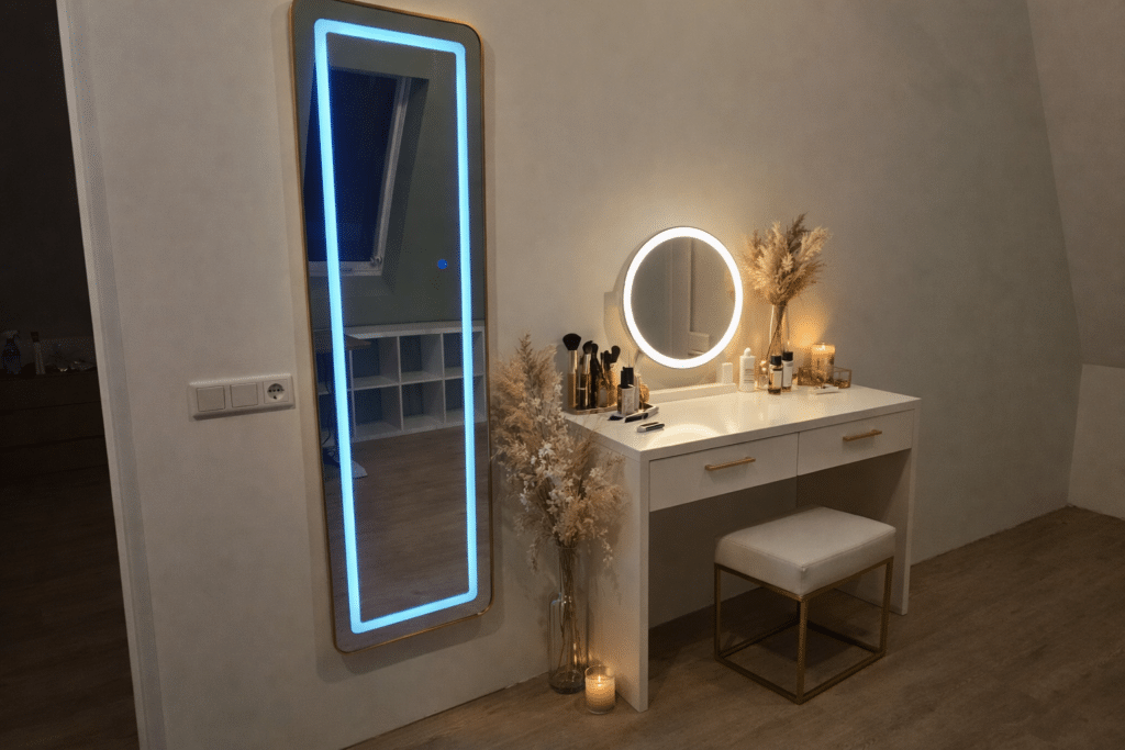 Passpiegel Ilumina goud, ophangen met beugels sfeer 1.0