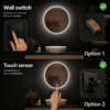 Badkamerspiegel Aurora met Gouden Lijst, anti condens wall switch