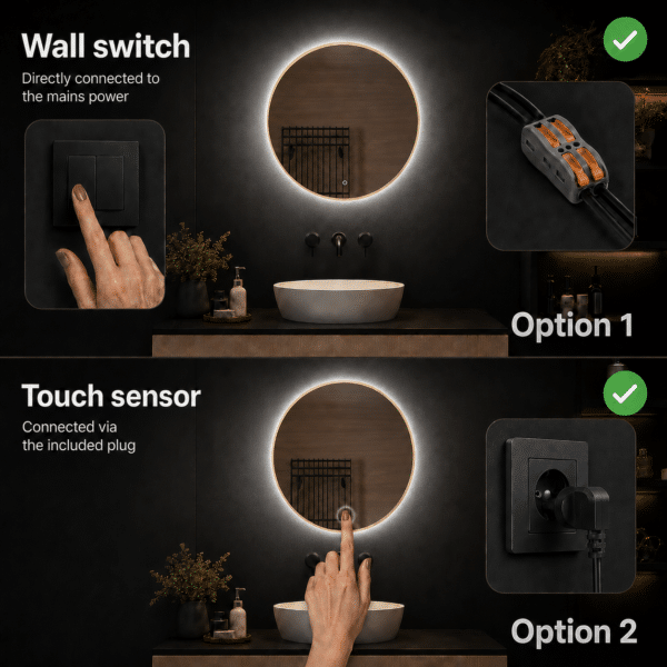 Badkamerspiegel Aurora met Gouden Lijst, anti condens wall switch