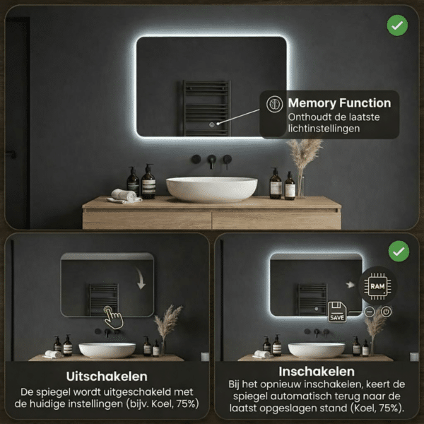 Badkamerspiegel Rond vierkant met lichtgeheugen