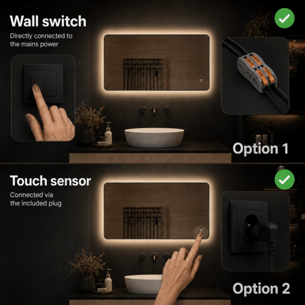 Badkamerspiegel Valencia 100x60 met zwarte lijst wall switch