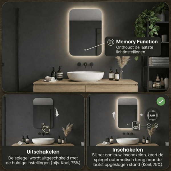 Badkamerspiegel rechthoekig met afgeronde hoeken met lichtgeheugen