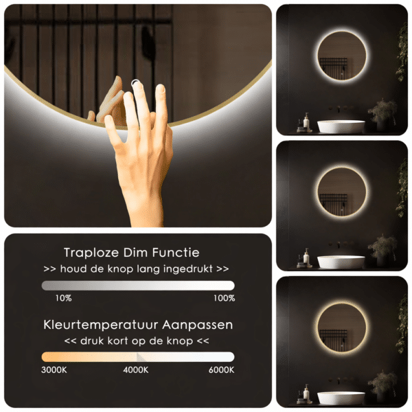 Badkamerspiegel_Ronde spiegel_dimbaar_kleurentemperatuur_instelbaar_3000k_4000k_6000k