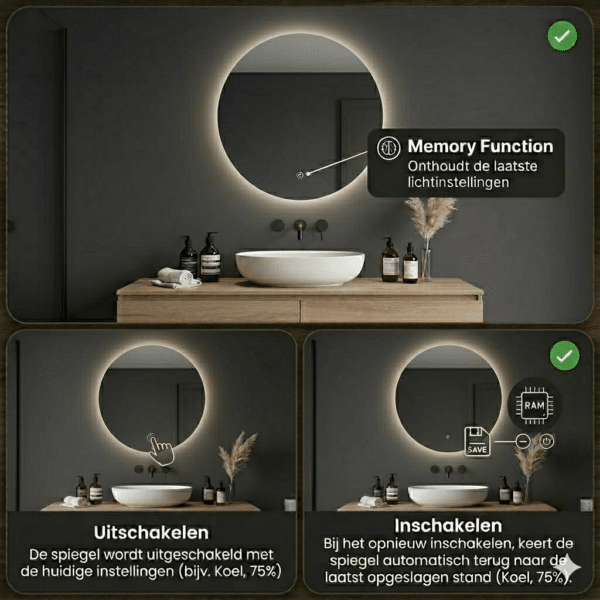 Ronde badkamerspiegel met lichtgeheugen