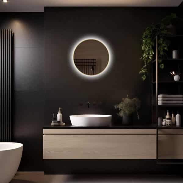 Badkamerspiegel Aurora 50×50, met Gouden Lijst licht variant 1