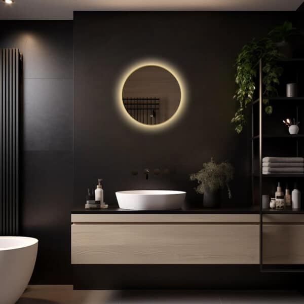 Badkamerspiegel Aurora 50×50, met Gouden Lijst licht variant 3