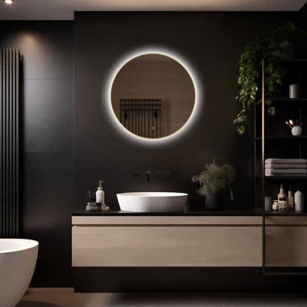 Badkamerspiegel Aurora 70×70, met Gouden Lijst licht variant 1