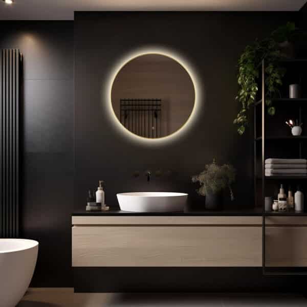 Badkamerspiegel Aurora 70×70, met Gouden Lijst licht variant 2