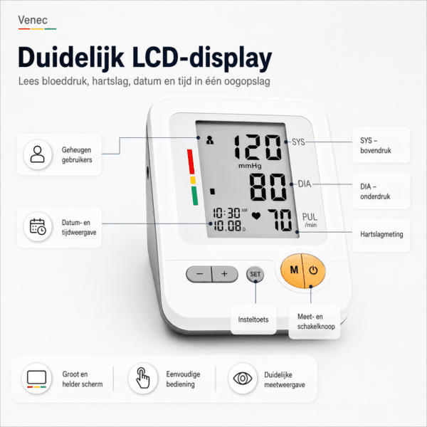 Bloeddrukmeter BP-103H van Venec – Automatische Bovenarm Bloeddrukmeter met LCD Display achterkant functies uitlge