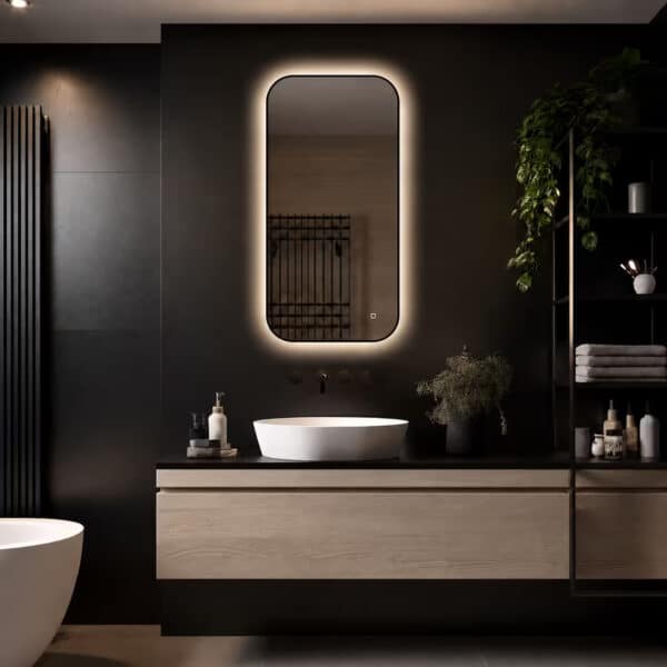 Badkamerspiegel Monaco 50×100, met zwarte lijst detail naturel