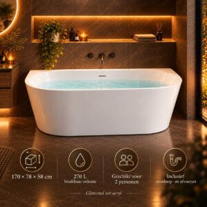 ALONI Halfvrijstaand Bad 170x78 cm – Glanzend Wit Incl. Afvoer & Clickwaste details (8)