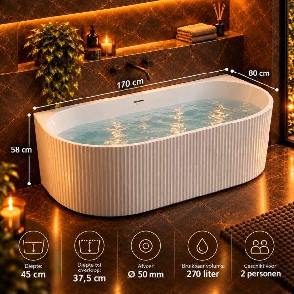 ALONI Muffly Halfvrijstaand Bad met Verticale Strepen 170×80 cm – Mat Wit details (2)