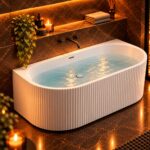 ALONI Muffly Halfvrijstaand Bad met Verticale Strepen 170x80 cm – Mat Wit | Incl. Afvoer & Clickwaste